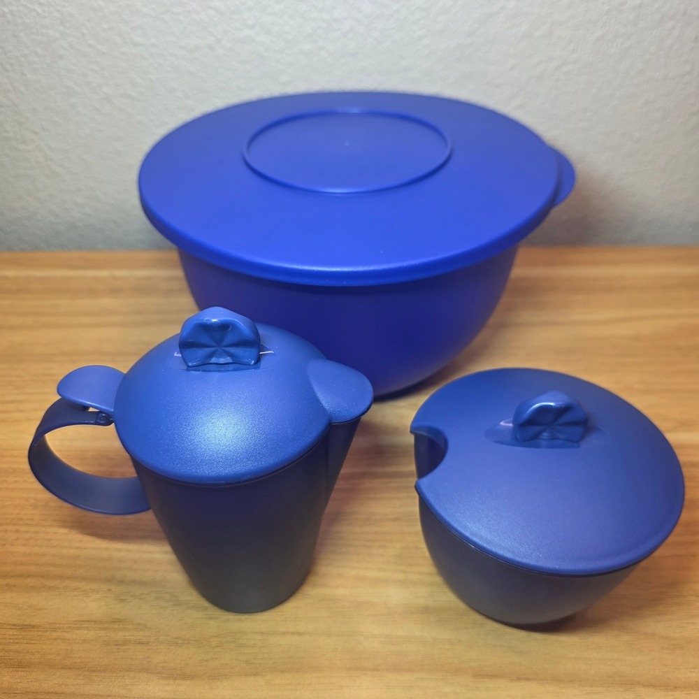 Tupperware Impressions Bowl #3093B Blue 2.5L With Lid NOS And Sugar Creamer Set